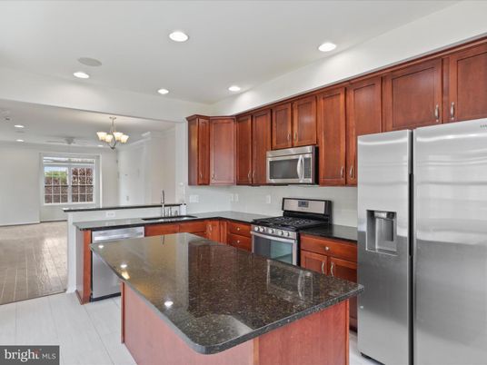 Chandelier, Interior, Kitchen, Recessed Lighting, Stainless Steel Appliances, Wood Texture Flooring