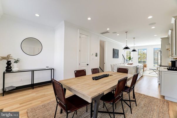 Dining room, Interior, Pendant Lights, Recessed Lighting, Wood Texture Flooring
