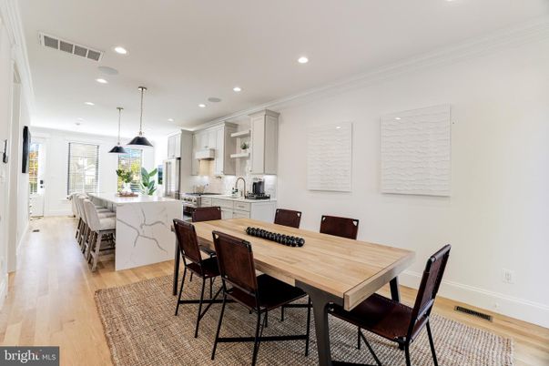 Dining room, Interior, Kitchen, Pendant Lights, Recessed Lighting, Wood Texture Flooring