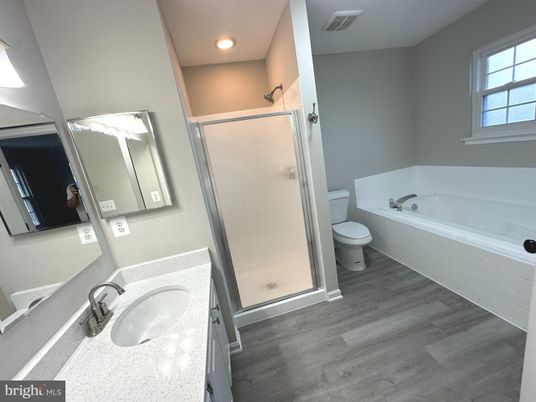 Bathroom, Glass Shower, Interior, Recessed Lighting, Wood Texture Flooring