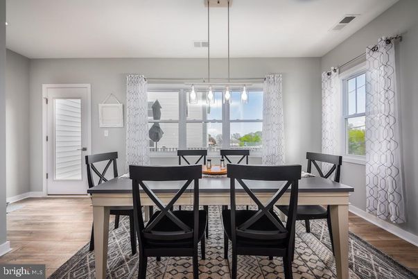 Dining room, Interior, Pendant Lights, Wood Texture Flooring