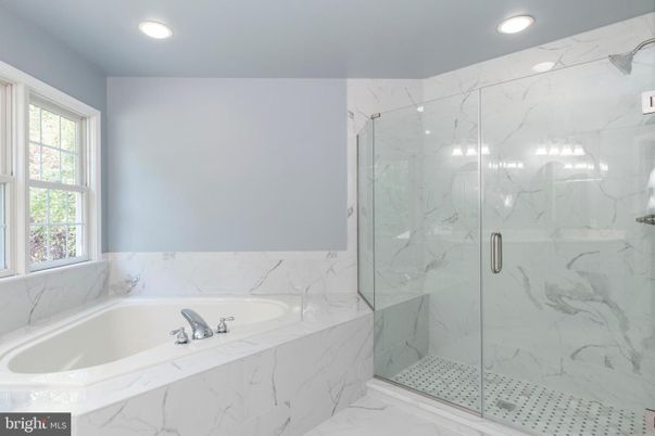Bathroom, Glass Shower, Interior, Marble, Marble Walls, Recessed Lighting
