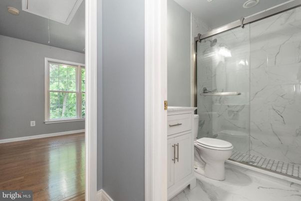 Bathroom, Glass Shower, Interior, Marble, Marble Walls, Wood Texture Flooring
