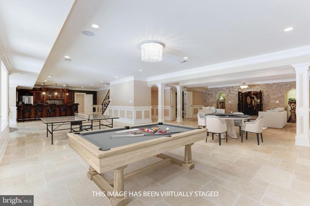 Billiard Table, Chandelier, Dining room, Game Room, Interior, Living room, Pendant Lights, Recessed Lighting, Stone Walls