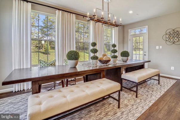 Dining room, Interior, Pendant Lights, Recessed Lighting, Wood Texture Flooring