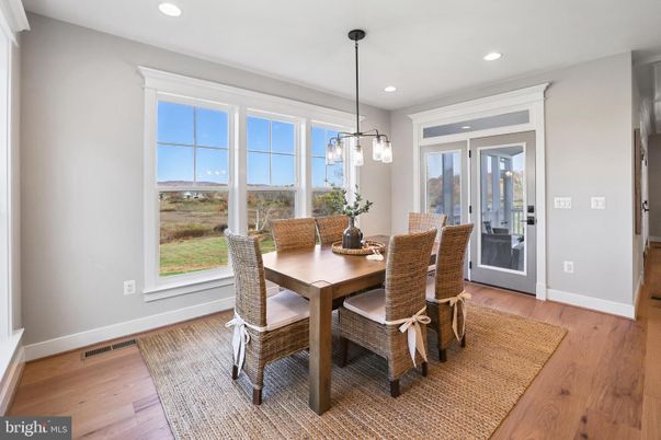 Dining room, Interior, Pendant Lights, Recessed Lighting, Wood Texture Flooring