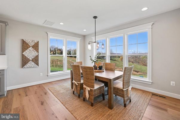 Dining room, Interior, Pendant Lights, Recessed Lighting, Wood Texture Flooring