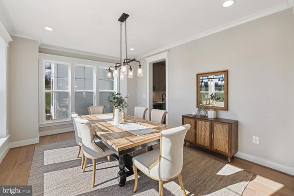 Dining room, Interior, Pendant Lights, Recessed Lighting, Wood Texture Flooring