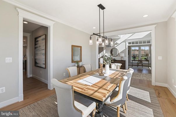 Dining room, Interior, Pendant Lights, Recessed Lighting, Wood Texture Flooring