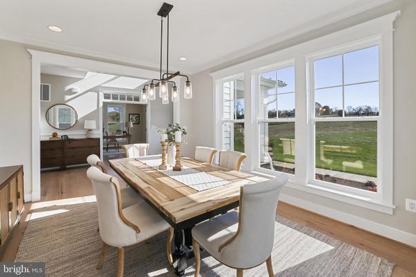 Dining room, Interior, Pendant Lights, Recessed Lighting, Wood Texture Flooring