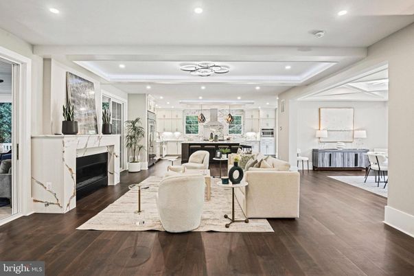 Fireplace, Interior, Kitchen, Living room, Recessed Lighting, Wood Texture Flooring