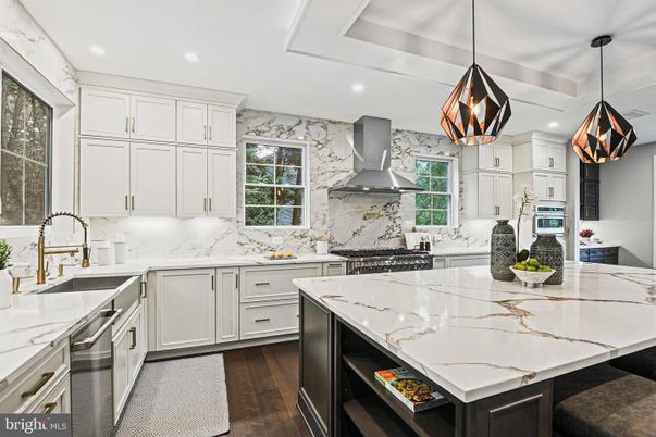 Interior, Kitchen, Marble Walls, Pendant Lights, Recessed Lighting, Stainless Steel Appliances, Wood Texture Flooring