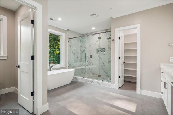 Bathroom, Free Standing Baths, Glass Shower, Interior, Marble Walls, Recessed Lighting
