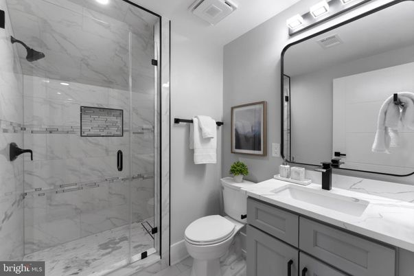 Bathroom, Glass Shower, Interior, Marble, Marble Walls, Recessed Lighting