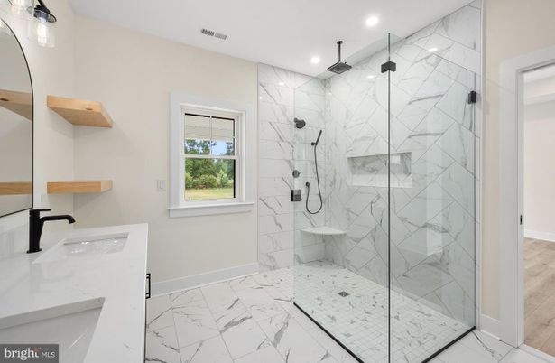 Bathroom, Glass Shower, Interior, Marble, Marble Walls, Recessed Lighting