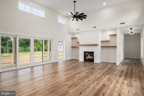 Fireplace, Interior, Pendant Lights, Recessed Lighting, Wood Texture Flooring