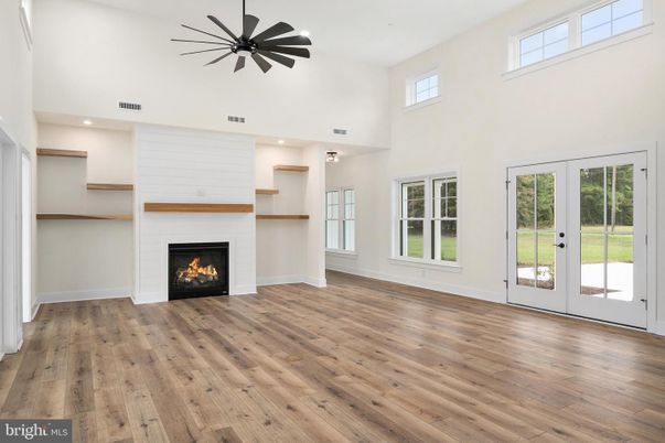 Empty room, Fireplace, Interior, Recessed Lighting, Wood Texture Flooring