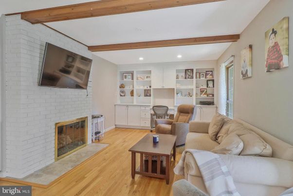 Fireplace, Interior, Living room, Recessed Lighting, Stone Walls, Wooden Beams, Wood Texture Flooring
