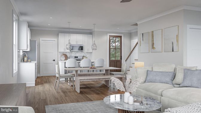 Dining room, Interior, Kitchen, Living room, Pendant Lights, Recessed Lighting, Wood Texture Flooring