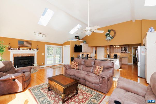 Fireplace, Interior, Kitchen, Living room, Wood Texture Flooring