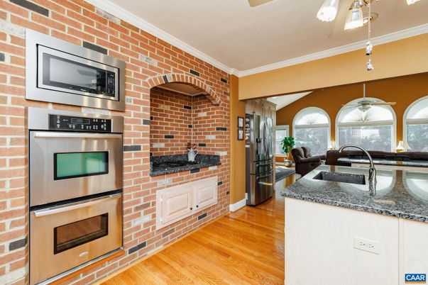 Interior, Kitchen, Stainless Steel Appliances, Stone Walls, Wood Texture Flooring