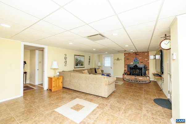Fireplace, Interior, Living room, Recessed Lighting, Stone Walls