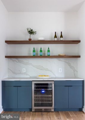 Interior, Kitchen, Marble Walls, Stainless Steel Appliances, Wood Texture Flooring