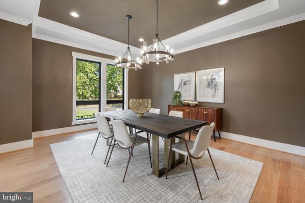 Chandelier, Dining room, Interior, Pendant Lights, Recessed Lighting, Wood Texture Flooring
