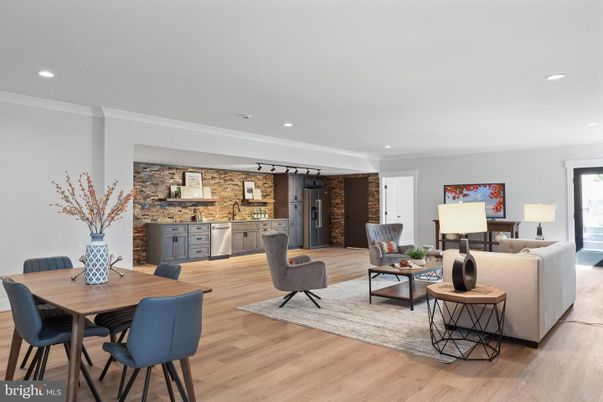 Dining room, Interior, Kitchen, Living room, Recessed Lighting, Stone Walls, Wood Texture Flooring
