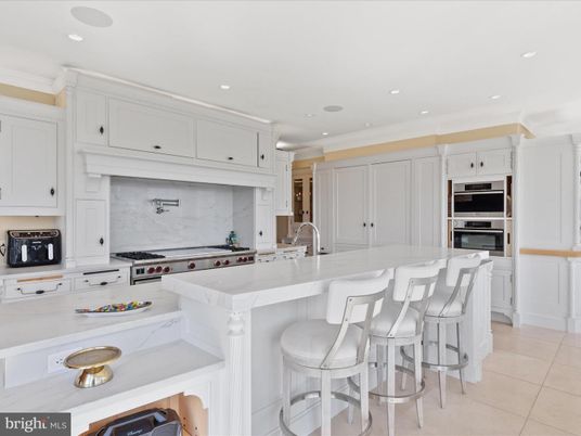 Interior, Kitchen, Marble Walls, Recessed Lighting, Stainless Steel Appliances