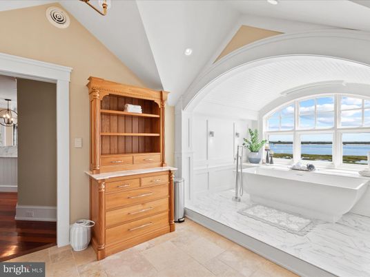 Bathroom, Free Standing Baths, Interior, Marble, Recessed Lighting, Water, Wood Texture Flooring