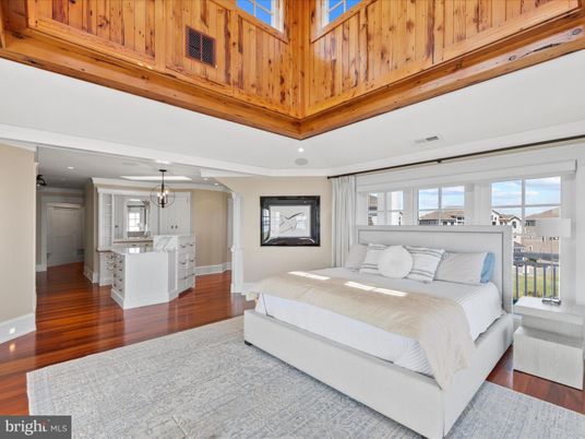 Bedroom, Chandelier, Interior, Pendant Lights, Recessed Lighting, Wood Texture Flooring