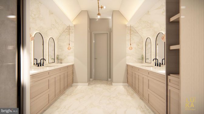 Bathroom, Dual Sink Vanities, Interior, Marble, Marble Walls