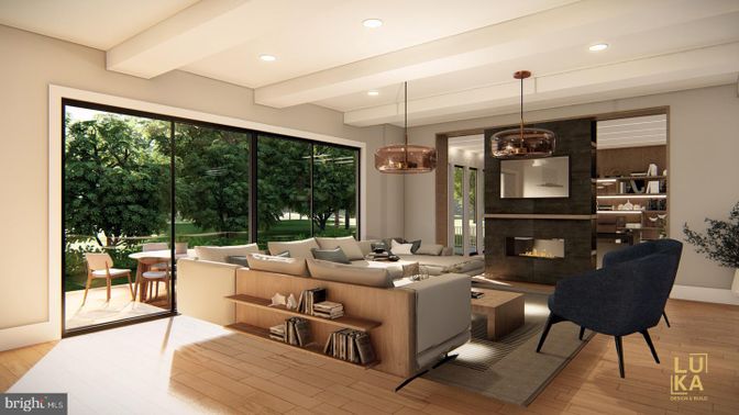 Fireplace, Interior, Living room, Pendant Lights, Recessed Lighting, Wood Texture Flooring