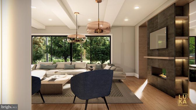 Fireplace, Interior, Living room, Pendant Lights, Recessed Lighting, Wood Texture Flooring