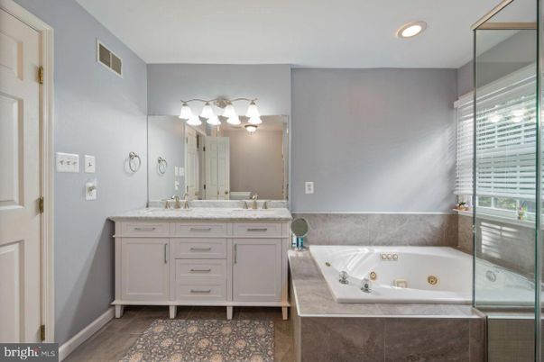 Bathroom, Dual Sink Vanities, Glass Shower, Interior, Recessed Lighting