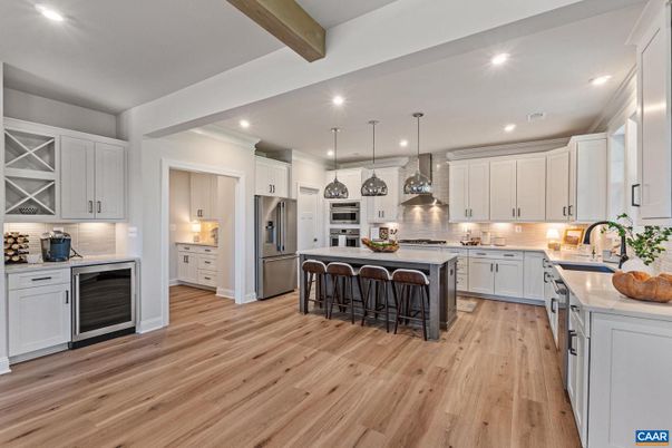 Interior, Kitchen, Pendant Lights, Recessed Lighting, Stainless Steel Appliances, Wooden Beams, Wood Texture Flooring
