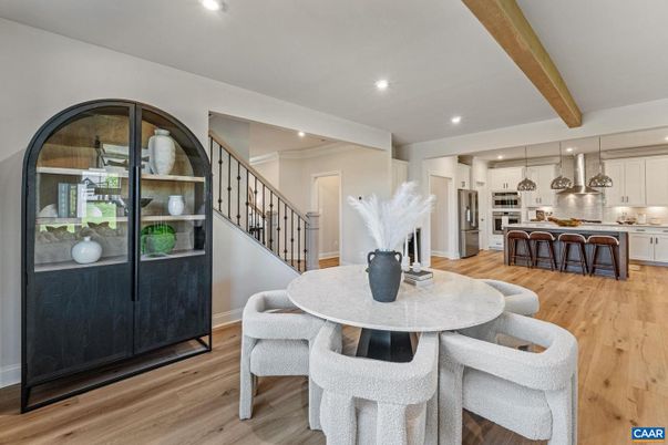 Dining room, Interior, Kitchen, Pendant Lights, Recessed Lighting, Wooden Beams, Wood Texture Flooring
