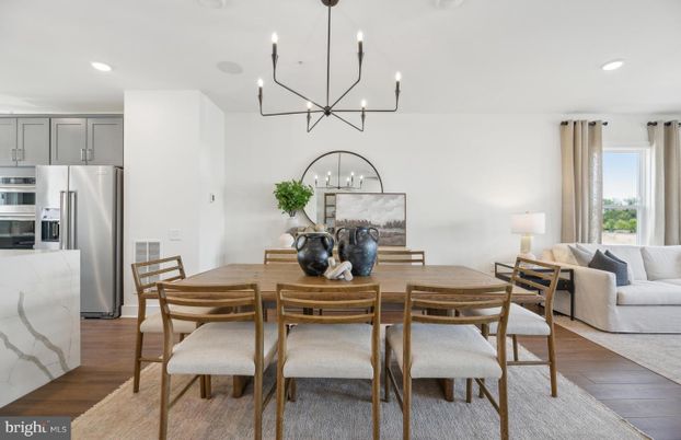 Chandelier, Dining room, Interior, Kitchen, Living room, Recessed Lighting, Stainless Steel Appliances, Wood Texture Flooring