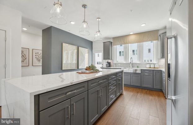 Interior, Kitchen, Pendant Lights, Recessed Lighting, Stainless Steel Appliances, Wood Texture Flooring