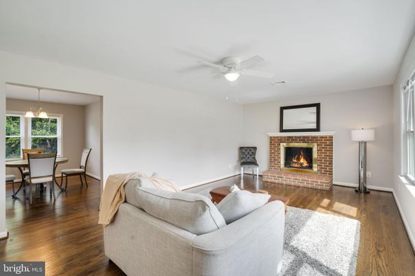 Dining room, Fireplace, Interior, Living room, Pendant Lights, Wood Texture Flooring