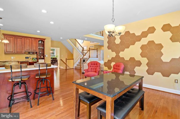 Dining room, Interior, Kitchen, Pendant Lights, Recessed Lighting, Wood Texture Flooring