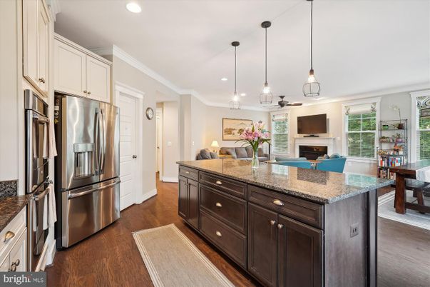 Fireplace, Interior, Kitchen, Pendant Lights, Recessed Lighting, Stainless Steel Appliances, Wood Texture Flooring