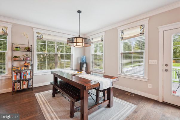 Dining room, Interior, Pendant Lights, Wood Texture Flooring