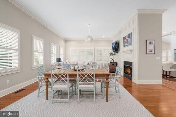 Chandelier, Dining room, Fireplace, Interior, Recessed Lighting, Wood Texture Flooring