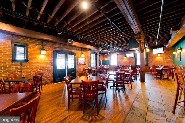 Dining room, Interior, Pendant Lights, Stone Walls, Wooden Beams, Wood Texture Flooring