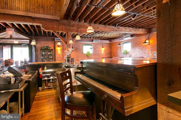 Interior, Pendant Lights, Piano, Stone Walls, Wooden Beams, Wooden Ceilings, Wood Texture Flooring