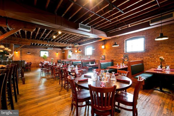 Dining room, Interior, Pendant Lights, Stone Walls, Wooden Beams, Wood Texture Flooring