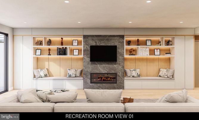 Fireplace, Interior, Living room, Recessed Lighting, Wood Texture Flooring