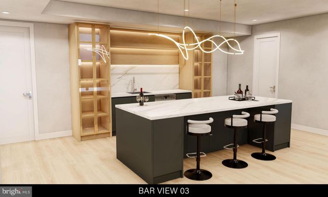 Interior, Kitchen, Marble Walls, Pendant Lights, Recessed Lighting, Wood Texture Flooring